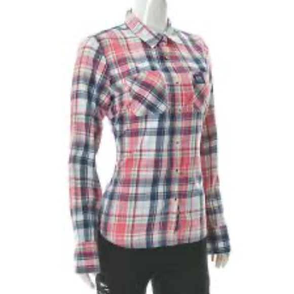 Superdry Women’s Plaid Slim Fit Button Down Med/Lrg Like New $118 Retail - Picture 1 of 13